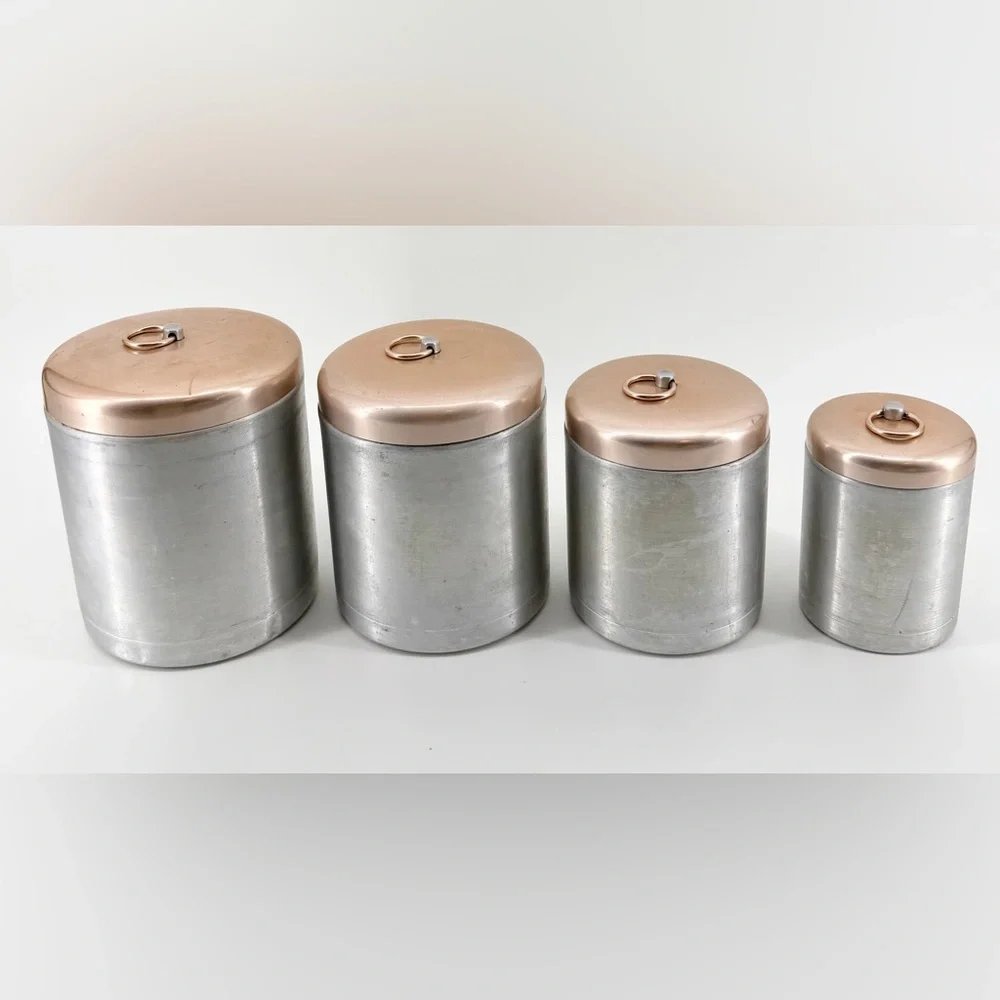Vintage 50’s MCM Heller Hostess Ware Aluminum Canister Set 4pc Copper Lids Italy